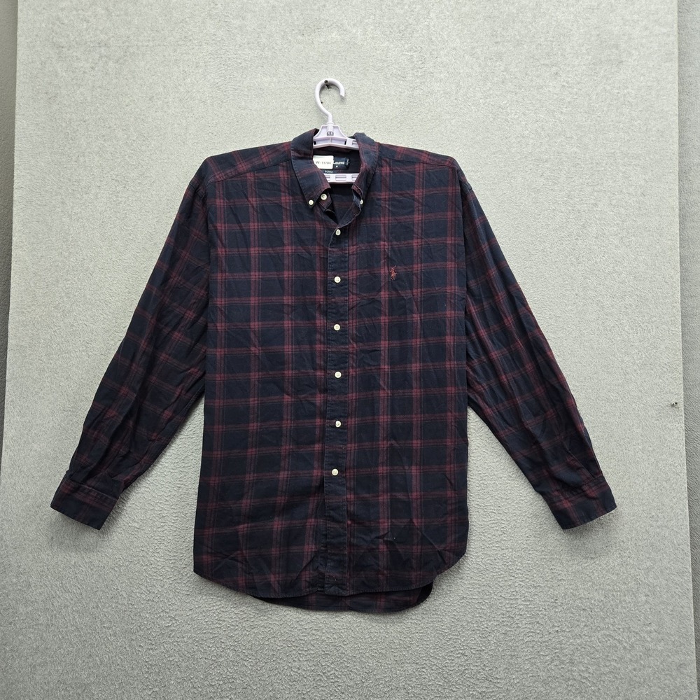 VINTAGE‎ Ralph Lauren Men Button Up Shirt L Navy Embroidered Plaid Flannel Blake